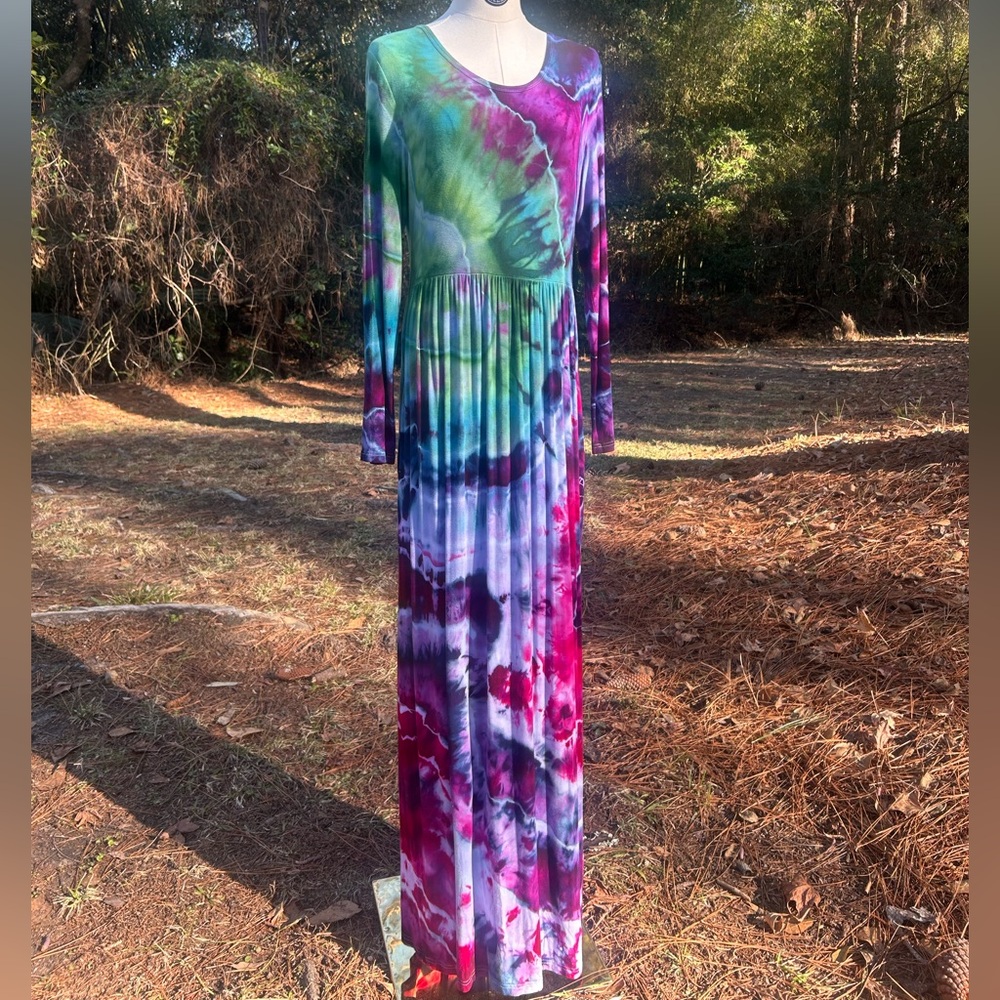Vibrant Hand-Dyed Long Sleeve Tie-Dye Maxi Dress